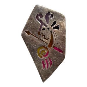 1970 Signed Dominguez Mexican Taxco Sterling Inlaid Feather Resin Brooch Pendant